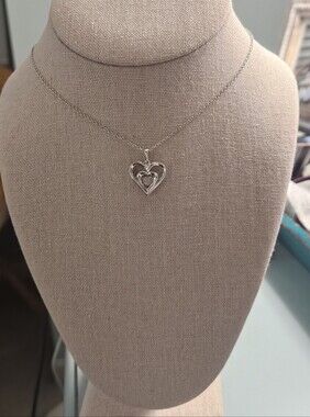 Sterling Silver Heart Pendant Necklace - Genuine Diamond Cluster